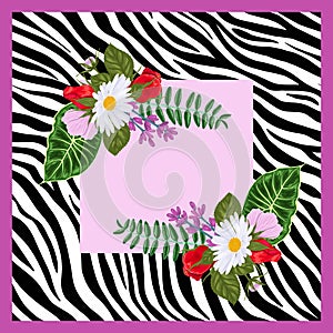 Design for a square shawl or headscarf. Zebra print with flowers on pink background.