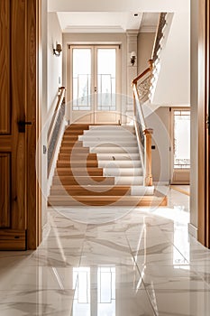 Design of stairs in a rich country house. Wooden staircase and marble floor