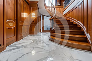 Design of stairs in a rich country house. Wooden staircase and marble floor