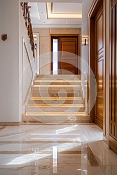 Design of stairs in a rich country house. Wooden staircase and marble floor