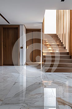 Design of stairs in a rich country house. Wooden staircase and marble floor