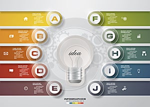 Design 10 steps with idea light blub template. 10 steps chart . Vector.