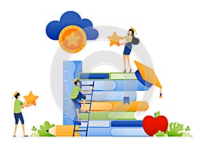 Design of students race up ladder of achievement for educational scholarships and tries to catch dream stars. Illustration for