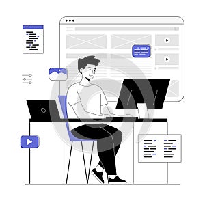 Design studio concept. Graphic designer work with landing web page, create UI UX design user interface. Vector