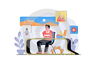 Design studio web concept with cartoon people design. Man drawing elements and images, choosing colors for website layout, making