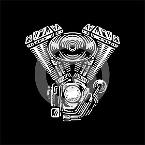 Illustration of motorcycle engine. Monochrome style