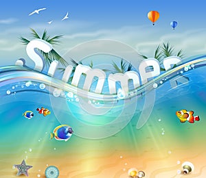 Design of Summer, letters underwater with palm trees, wildlife