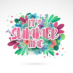 Design symbol It`s summer time. Banner with flower and leaf for summer promotion and sale. Nature floral decorati photo