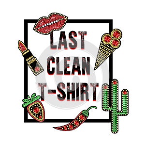 Design for t-shirt with patches with sequins and beads. Lips, cactus, lipstick, berry, ice cream stickers.
