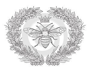 Design for t-shirts with image of wreath of flowers, honey bee and crown. Black and white vector illustration.