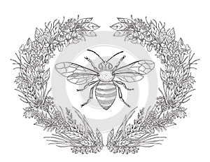 Design for t-shirts with image of wreath of flowers and honey. Black and white vector illustration.