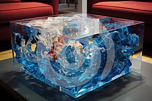 design table with block of ice and resin illustration generative ai