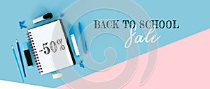 Design template for Back to school. Office school supplies. Creative Idea of education for banners. Sale posters.