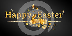 Design template banner for Happy Easter. Silhouettes of rabbit with gold glitter texture decoration. Horizontal card