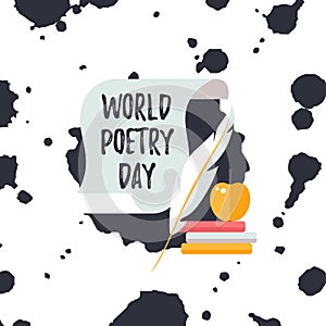 Design template card for World Poetry Day. Text on scroll with quill pen and books