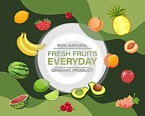 Design template with fresh fruits, natural products, organic food. Illustration, poster, fruit background banner.