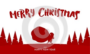 Design template of greeting card with Silhouette of Santa Claus carries a heavy sack full of gifts.