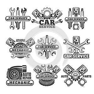 Design template of labels and badges with automobile tools and details