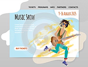 Design template for music show, concert or festival. Guitar or music school. A man playing the guitar. Vector