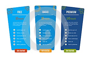 Design template for pricing table for websites and applications