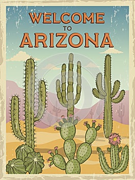 Design template of retro poster welcome to arizona. Illustrations of wild cactuses