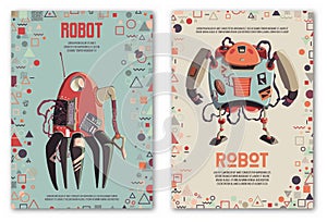 Design template with robots characters and geometric shapes. Technology, future. Artificial intelligence concept. photo