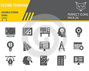 Design thinking glyph icon set, ideation collection, vector sketches, logo illustrations, design thinking icons, design