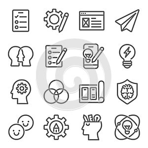 Design thinking icon illustration vector set. Contains such icons as Brainstorming, Survey, Discuss, Empathy, Test, Prototype, Ide