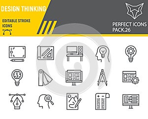 Design thinking line icon set, ideation collection, vector sketches, logo illustrations, design thinking icons, design