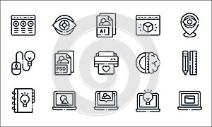 Design thinking line icons. linear set. quality vector line set such as laptop, laptop, light bulb, laptop, mouse, brain, web, eye