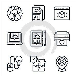 Design thinking line icons. linear set. quality vector line set such as location, puzzle, mouse, printer, tablet, laptop, web, ai