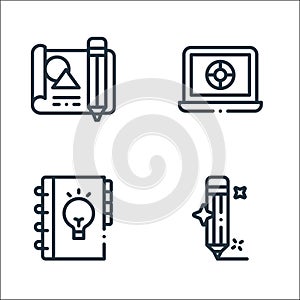 Design thinking line icons. linear set. quality vector line set such as pencil, light bulb, laptop