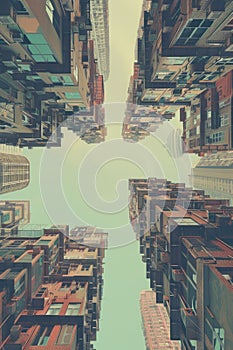 Design a thoughtprovoking artwork featuring the rear perspective of a city existing in multiple dimensions simultaneously
