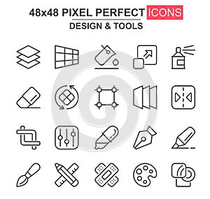 Design and tools thin line icon set. Pen, crop, eraser, palette, selection, pencil, rotate, eyedropper unique icons