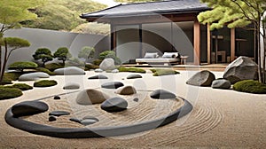 Design a tranquil Zen garden with raked gravel, minimalist rock formations, and a sense of contemplative calm