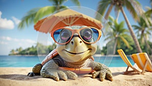 design turtle comedian beach wearing sunglasses creative character leaves