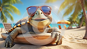 design turtle comedian poster holiday sunglasses character leaves ocean sun