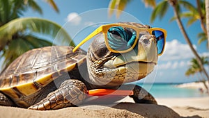 design turtle comedian poster holiday sunglasses creative character leaves