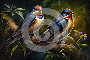 Design of two colorful Barn Swallow bird in the Jungle.