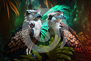 Design of two colorful Osprey bird in the Jungle.