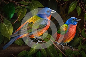 Design of two colorful Painted Bunting bird in the Jungle.