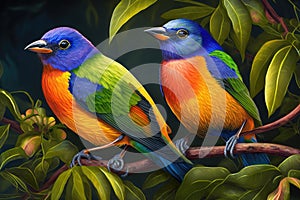 Design of two colorful Painted Bunting bird in the Jungle.