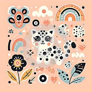 Design unique, cute, and lively elements with a leopard print background.