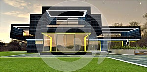 Design of the upscale country dwelling illuminated with yellow and white. Well-groomed lawn in the yard in front of the building