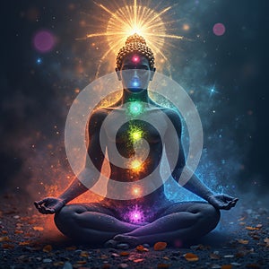Seven chakra healing. Meditating person. AI generated.