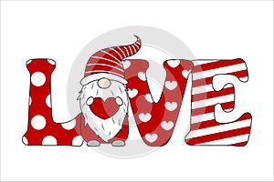 Design for Valentine\'s card with cute gnome holding heart in his hands. Vector illustration on white background photo