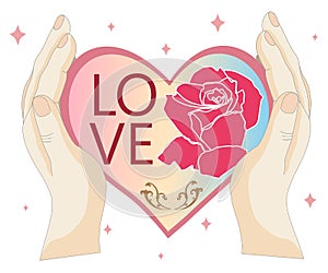 Design Valentine`s day, February 14 for couples. Hand holding heart giving hearts and receiving cute and sweet gifts for