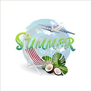 Design of a vector banner of summer time with colorful beach elements on a white background. Chaise longue, airplane