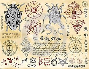 Design vector set with decorated bugs, pentagram, mystic, magic and gothic symbols