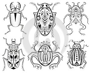 Design vector set with mystic decorated bugs isolated on white